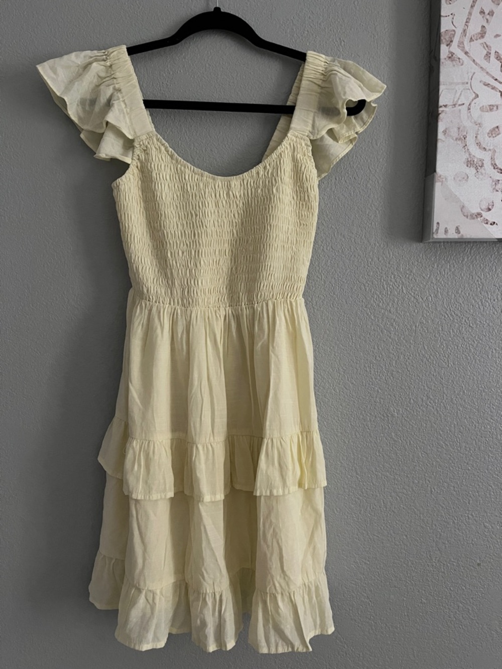 Pastel Spring Yellow Tiered Ruffle Smocked Flutter Sleeve Mini Dress M Medium - Picture 4 of 8